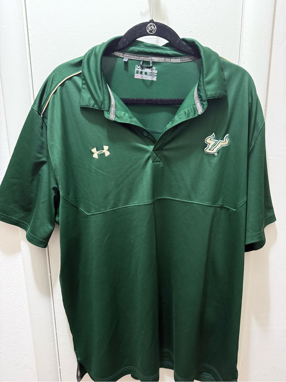 Under Armour Men’s Dark Green Polo with USF mascot Gold Logo